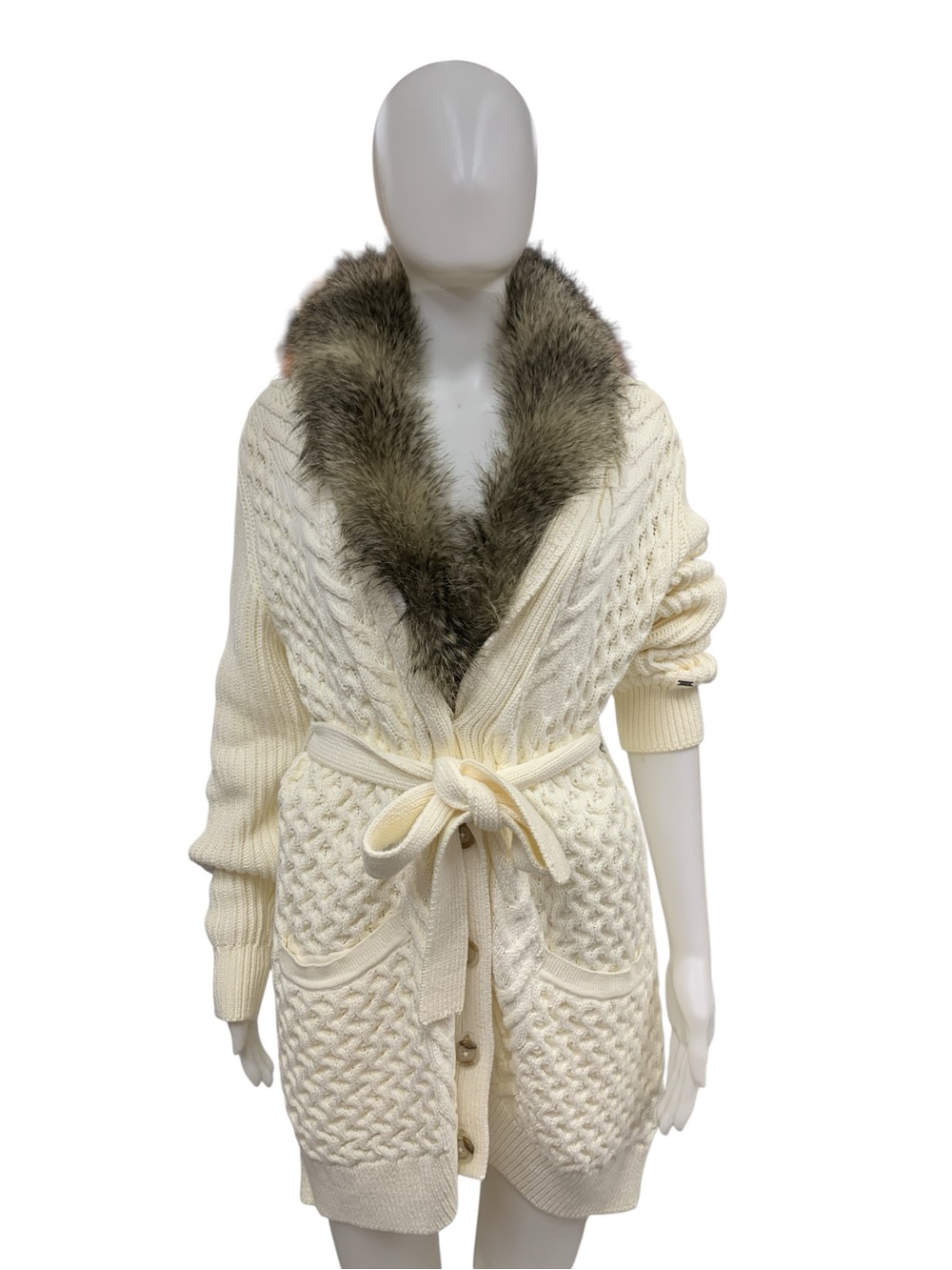 Tommy Hilfiger Cream Cable Knit Wrap Cardigan with Faux Fur Trim Size XL